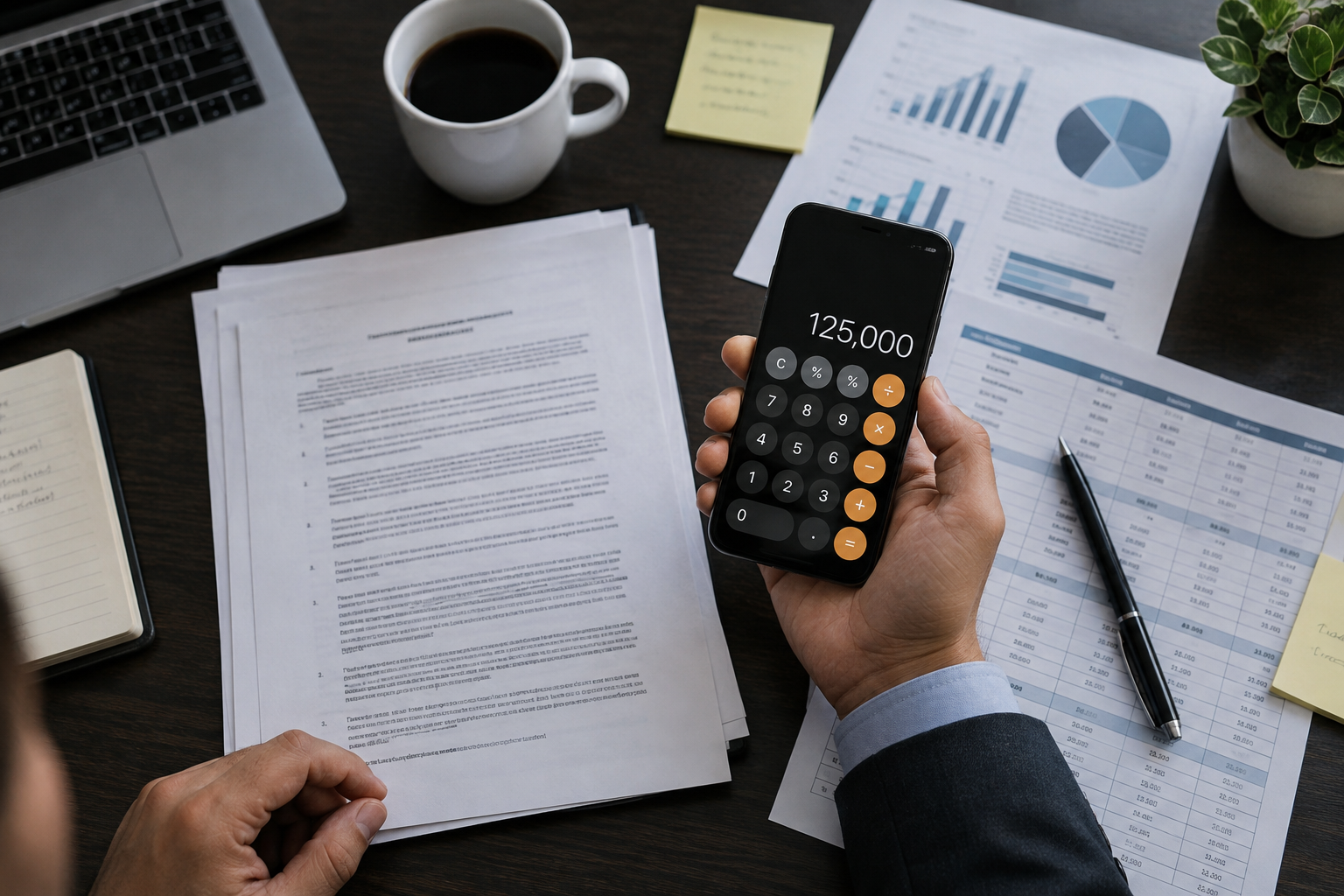 Government solicitation documents with calculator and notes